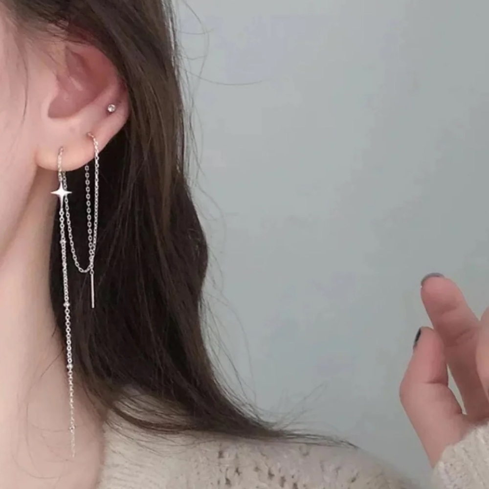 Sterling Silver Beaded Star Threaded Chain Earrings